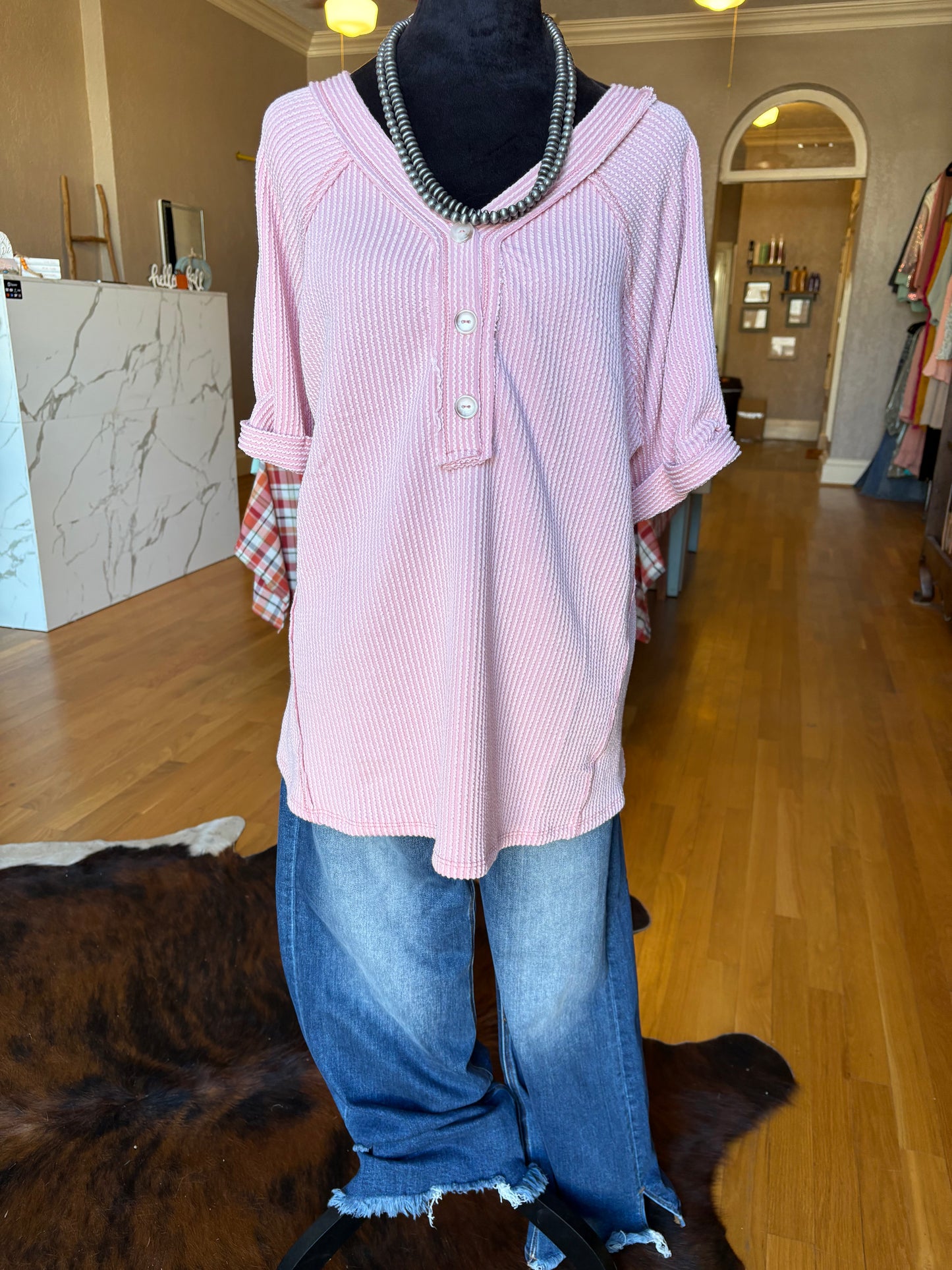Pink Ribbed Blouse(PLUS)