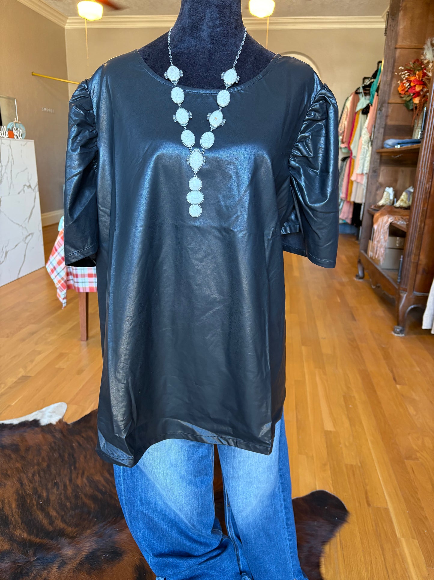 Pleather Puffy Sleeve Blouse (PLUS)