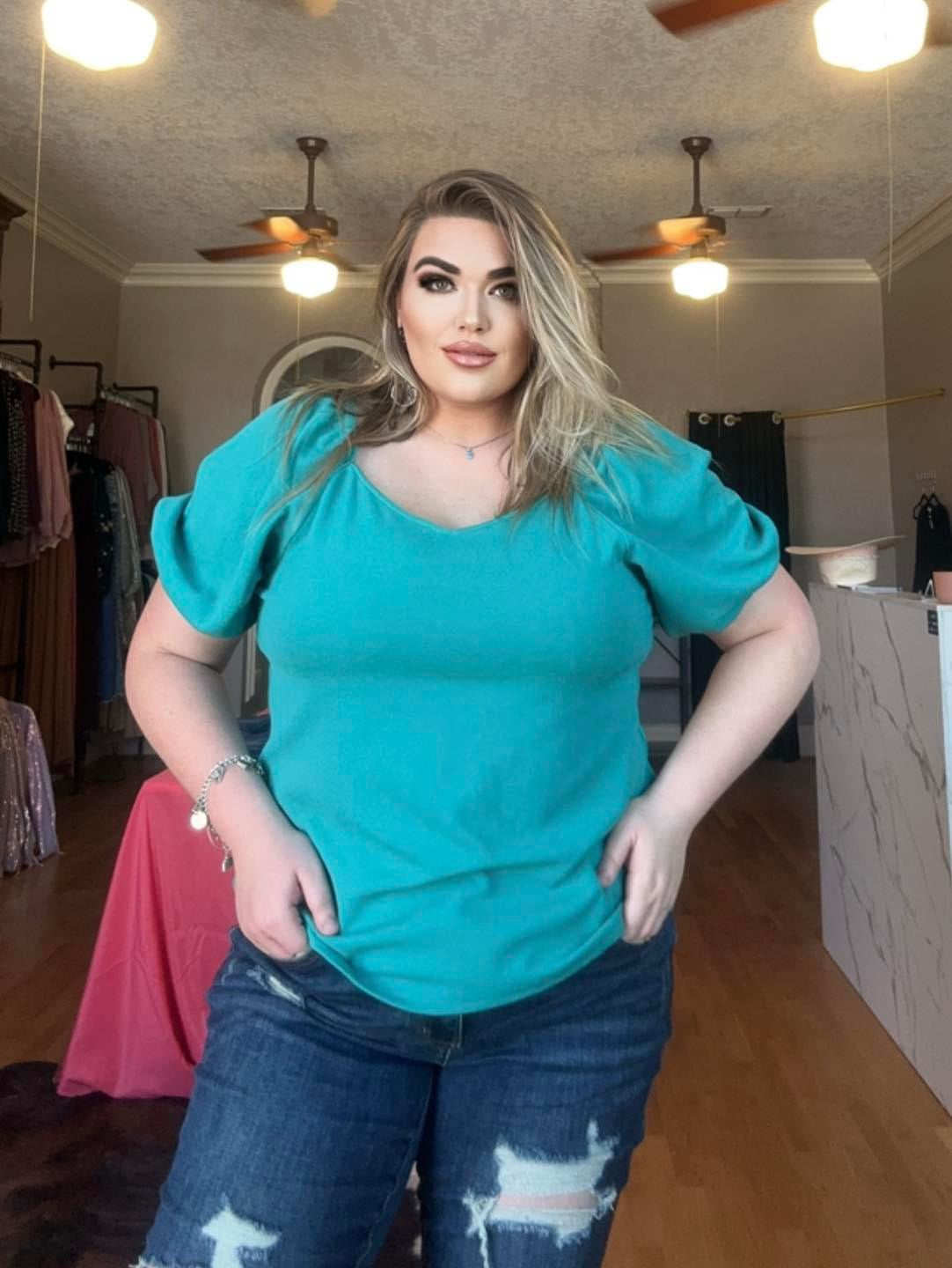 Green Puff Sleeve Top(PLUS)