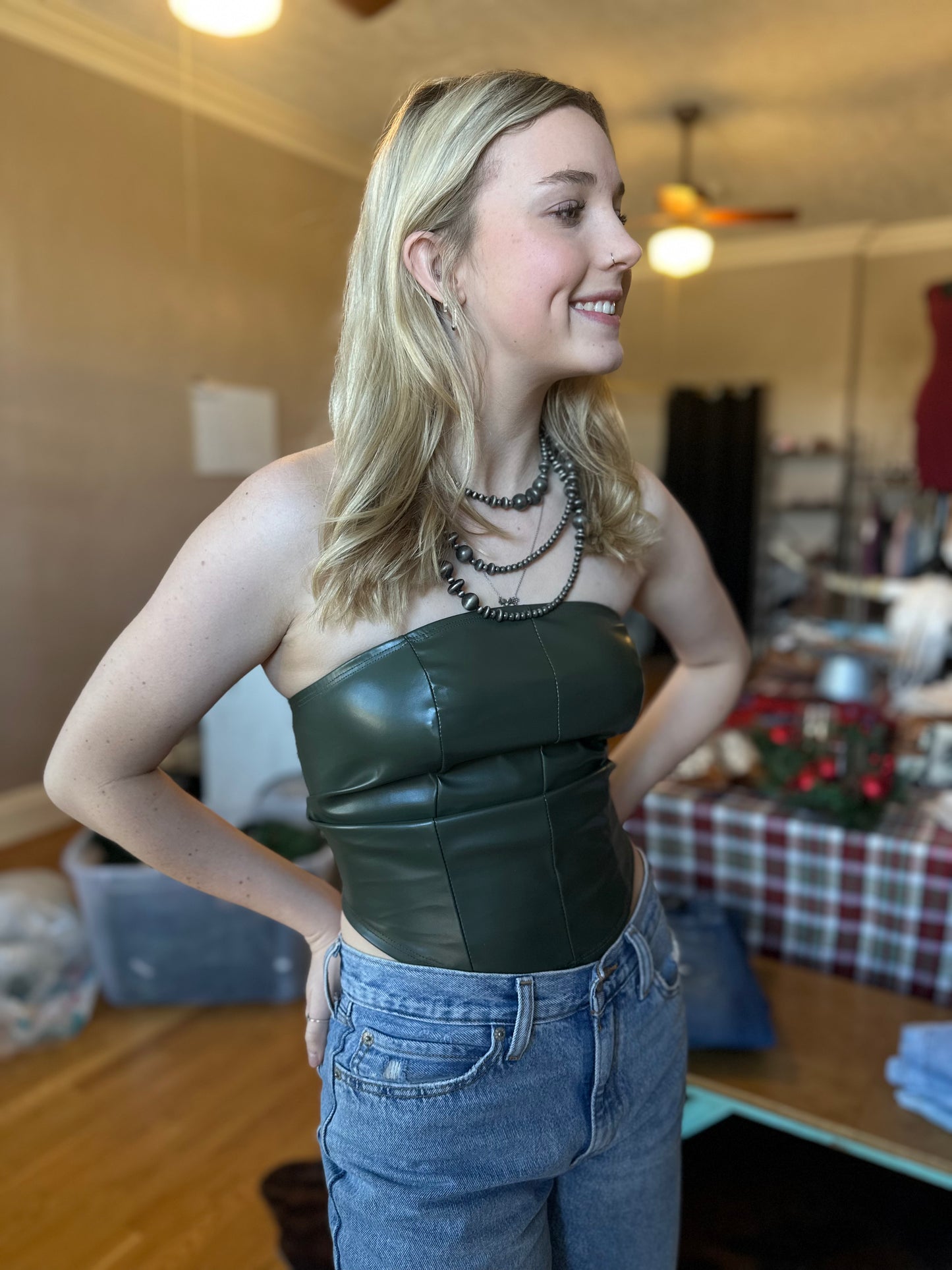 Olive Leather Corset Top