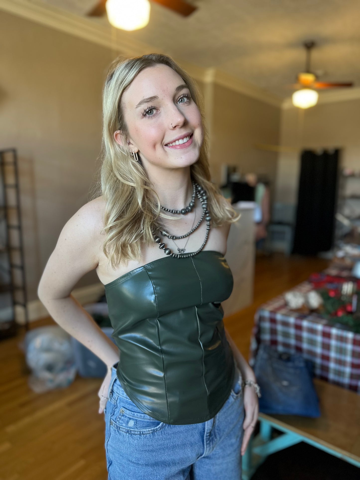 Olive Leather Corset Top