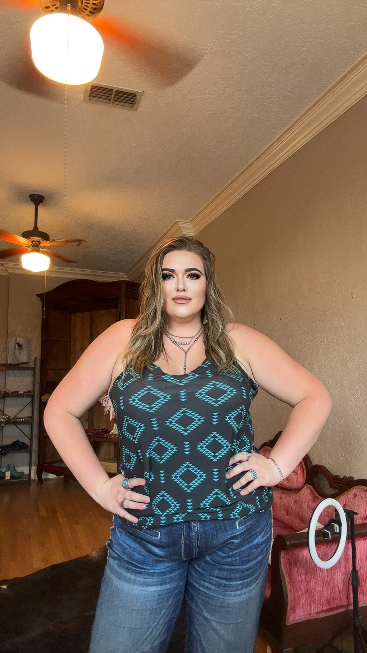 Black Jade Aztec VNeck Strap Top