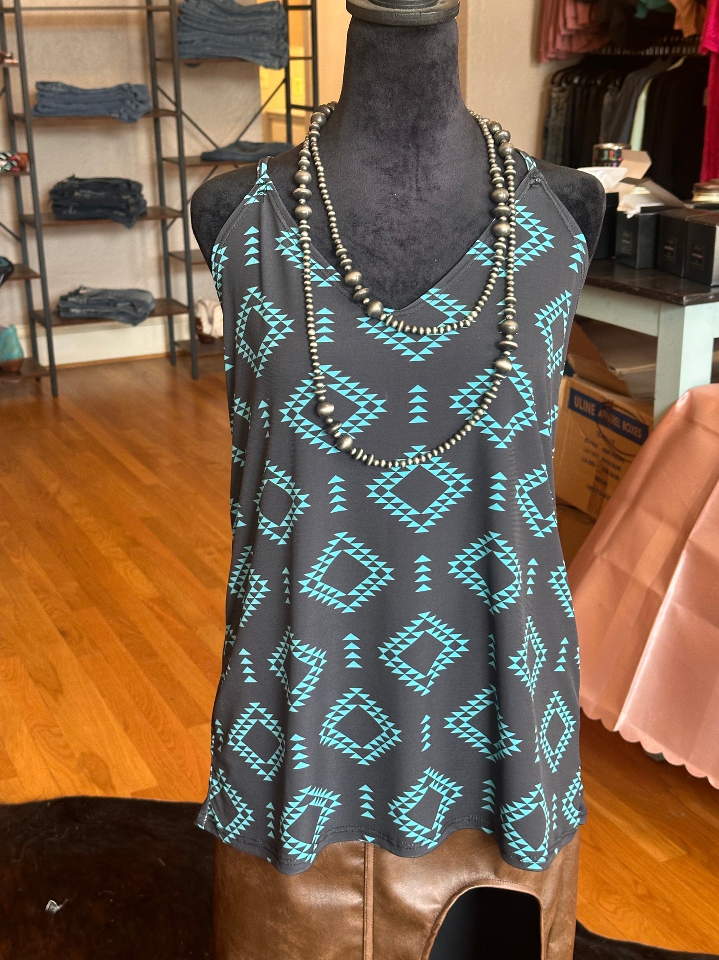 Black Jade Aztec VNeck Strap Top