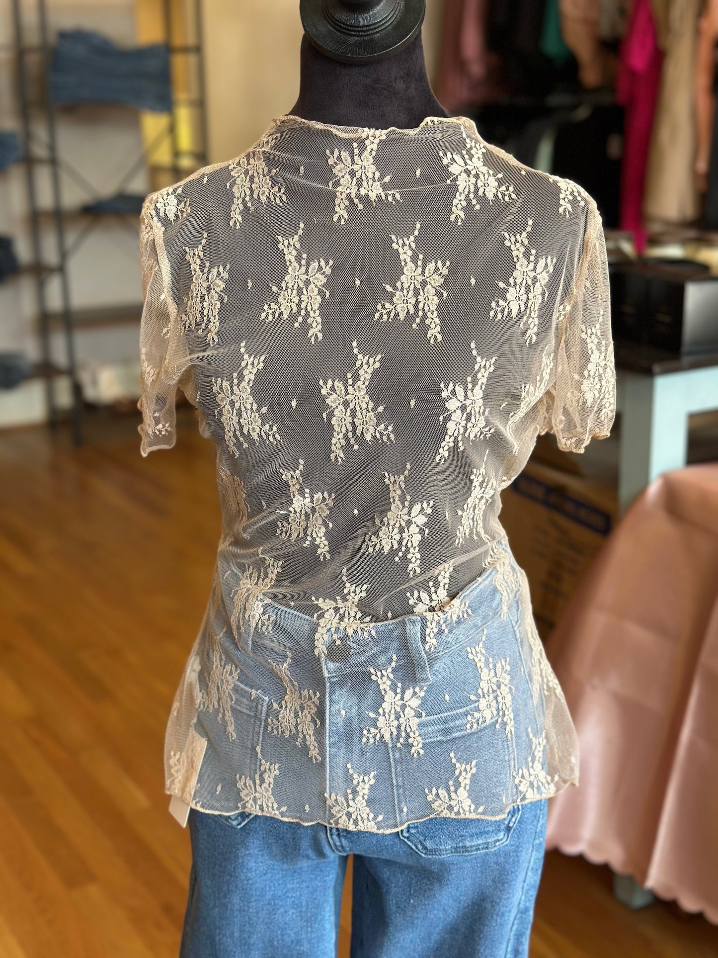 Beige Short Sleeve Lace Top
