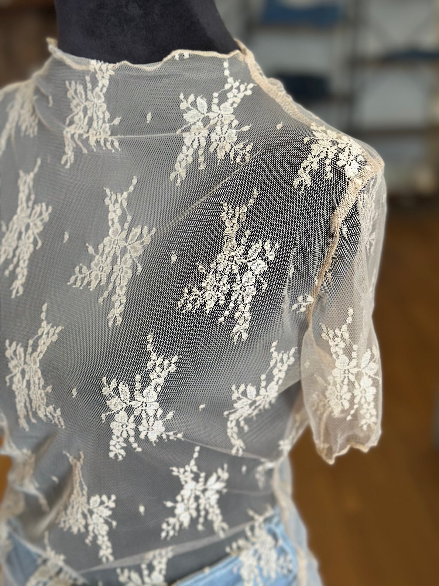 Beige Short Sleeve Lace Top