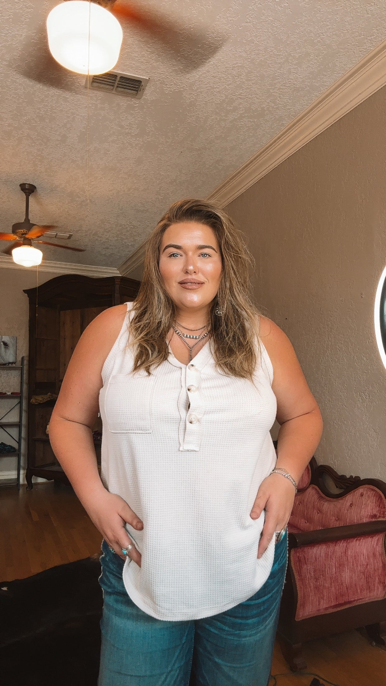 Waffle Button Down Tank Top
