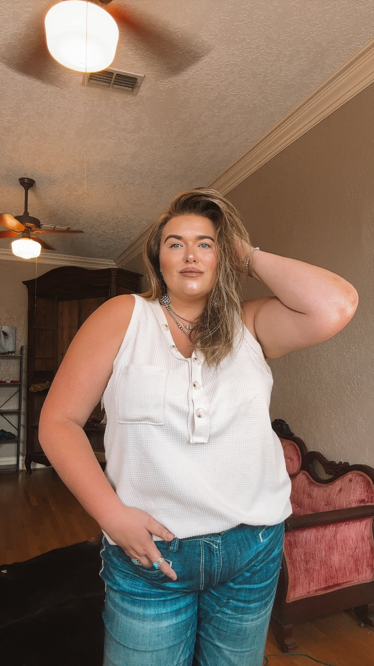 Waffle Button Down Tank Top