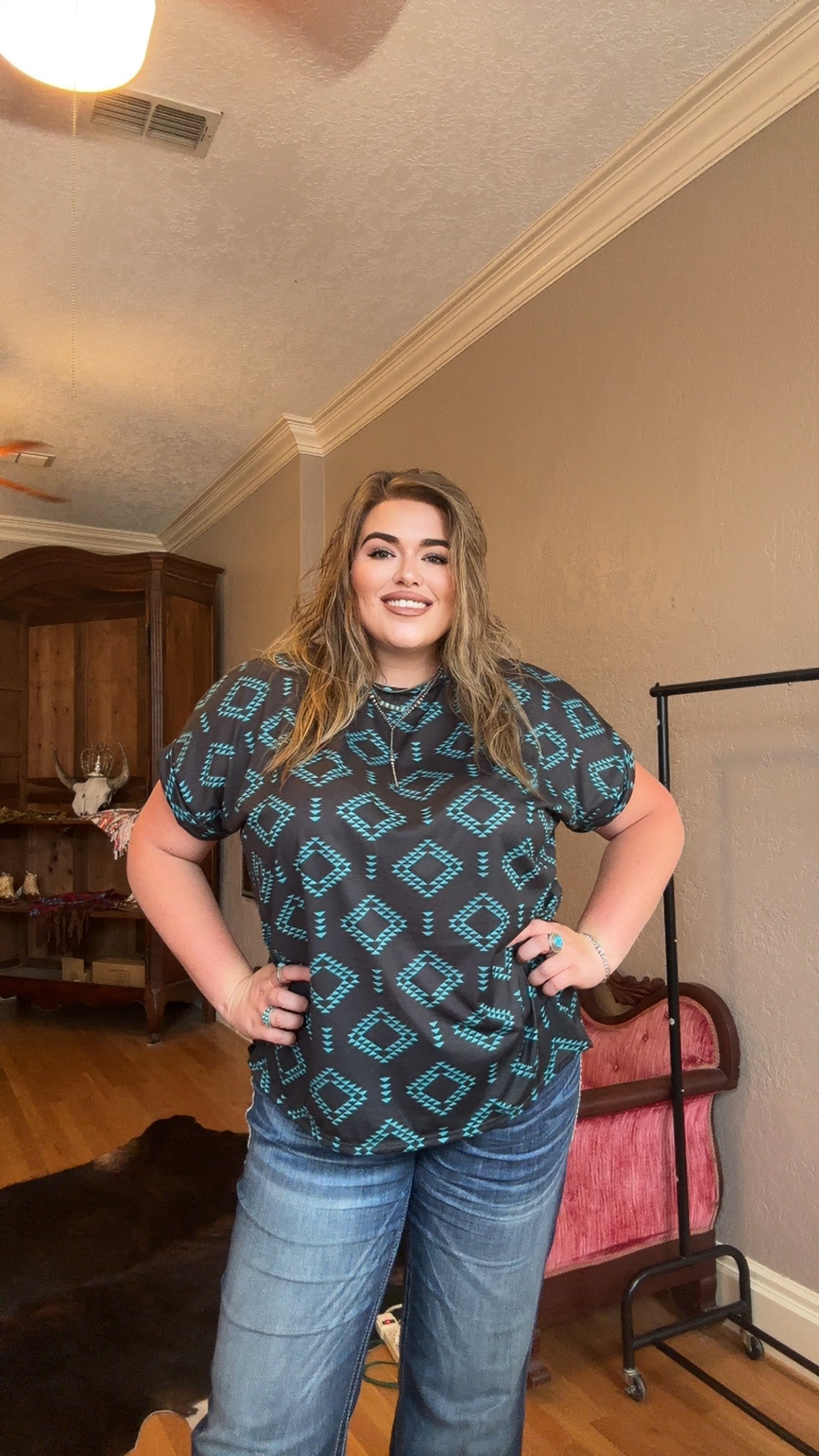 Turquoise Aztec Cuffed Top