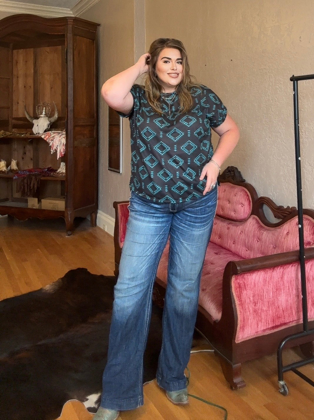 Turquoise Aztec Cuffed Top