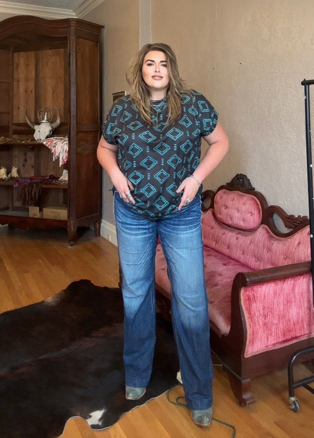 Turquoise Aztec Cuffed Top