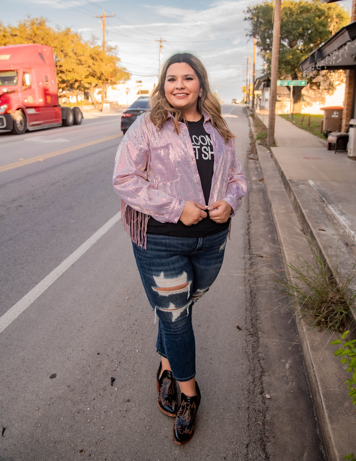 Pink Sequins Jacket(Plus)