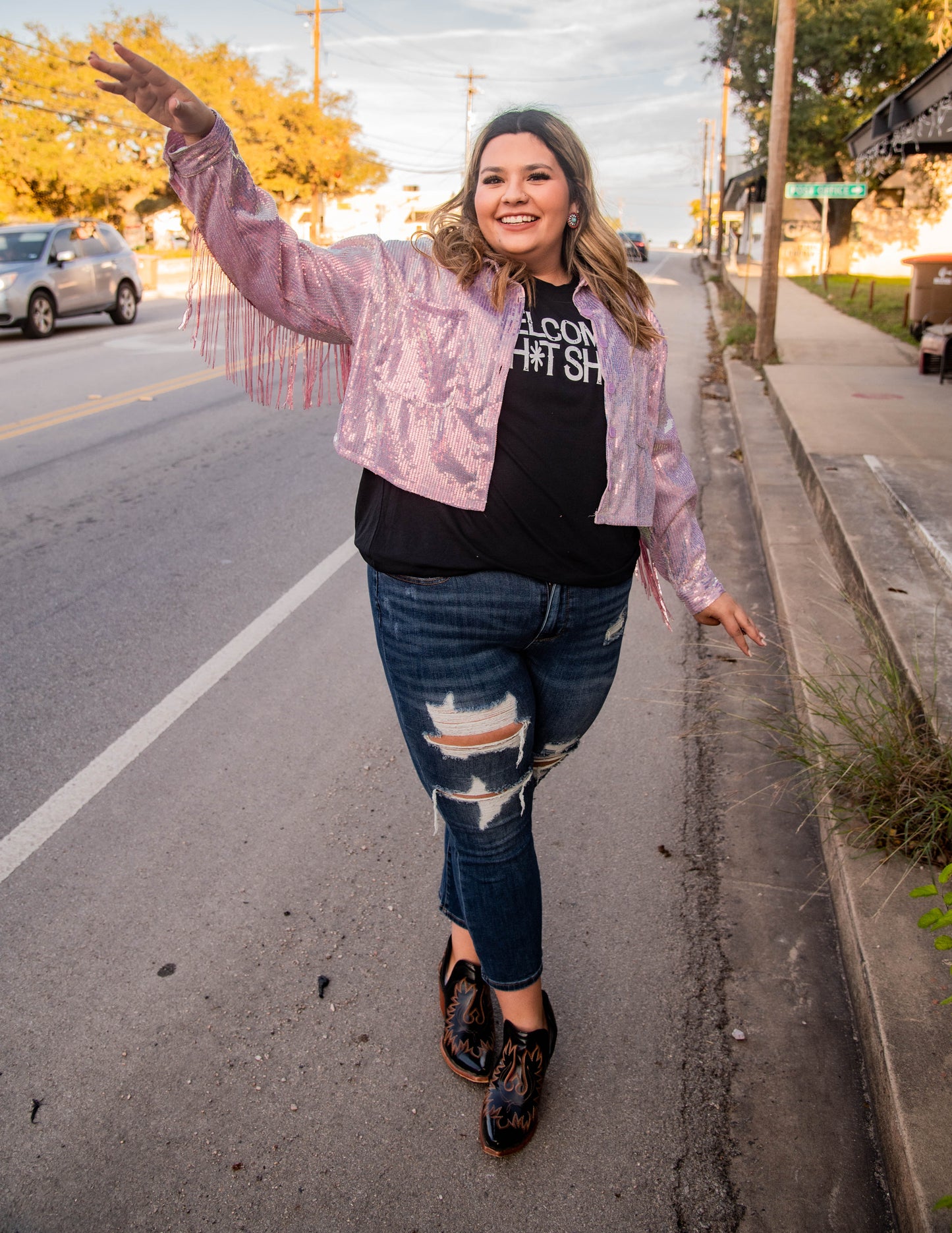 Pink Sequins Jacket(Plus)