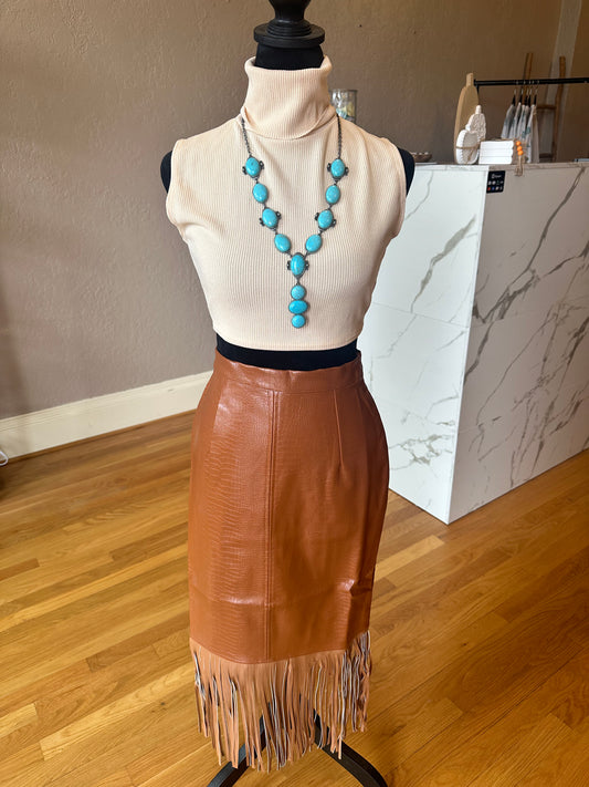 Leather Fringe Pencil Skirt