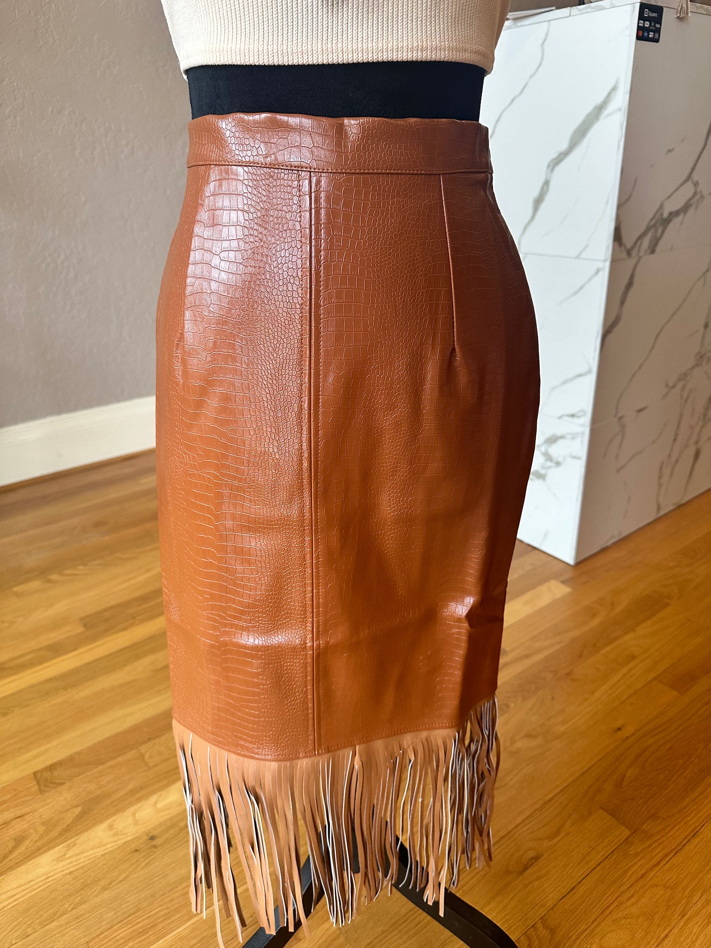 Leather Fringe Pencil Skirt