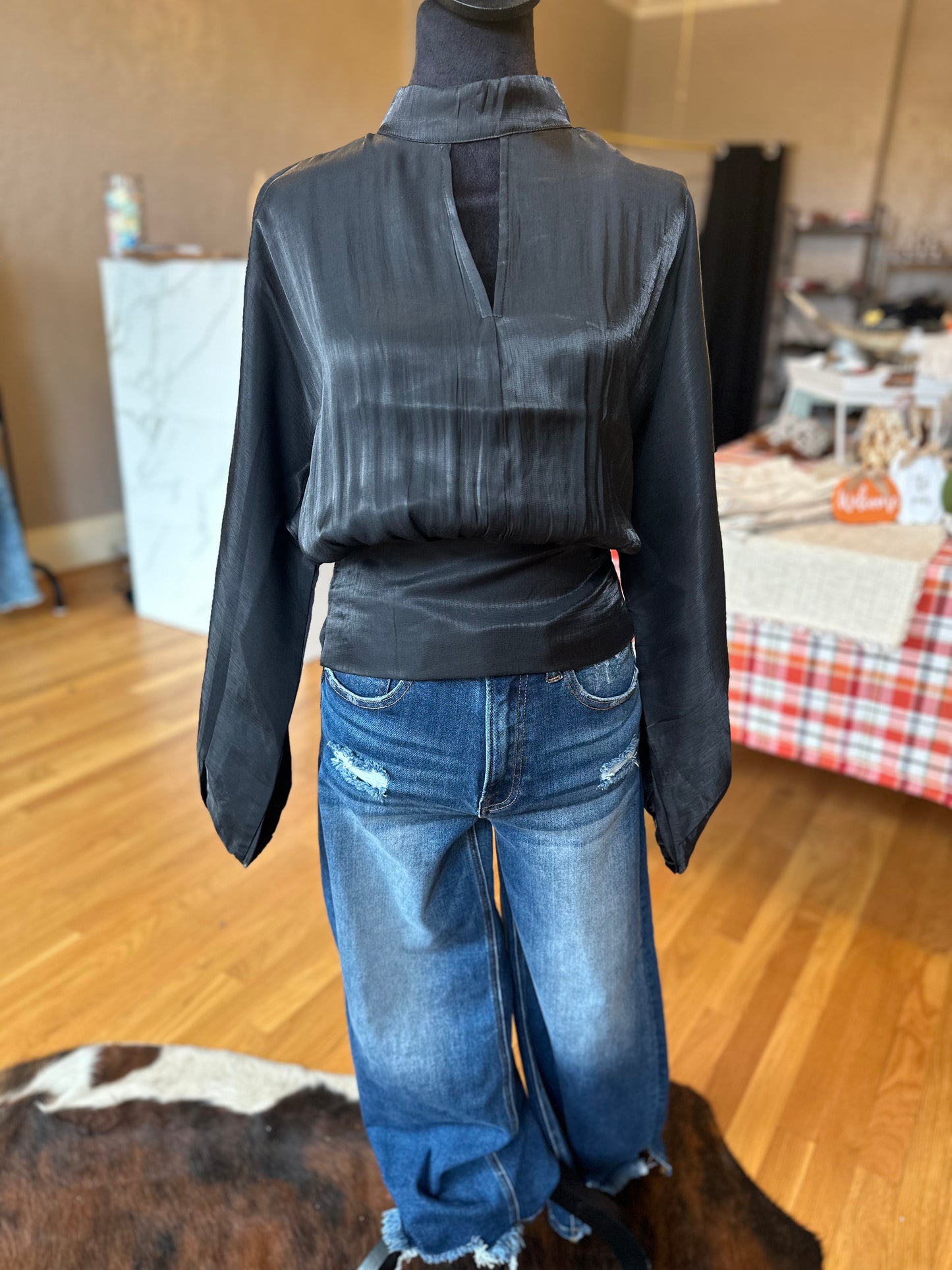 Black Satin Sheer Blouse