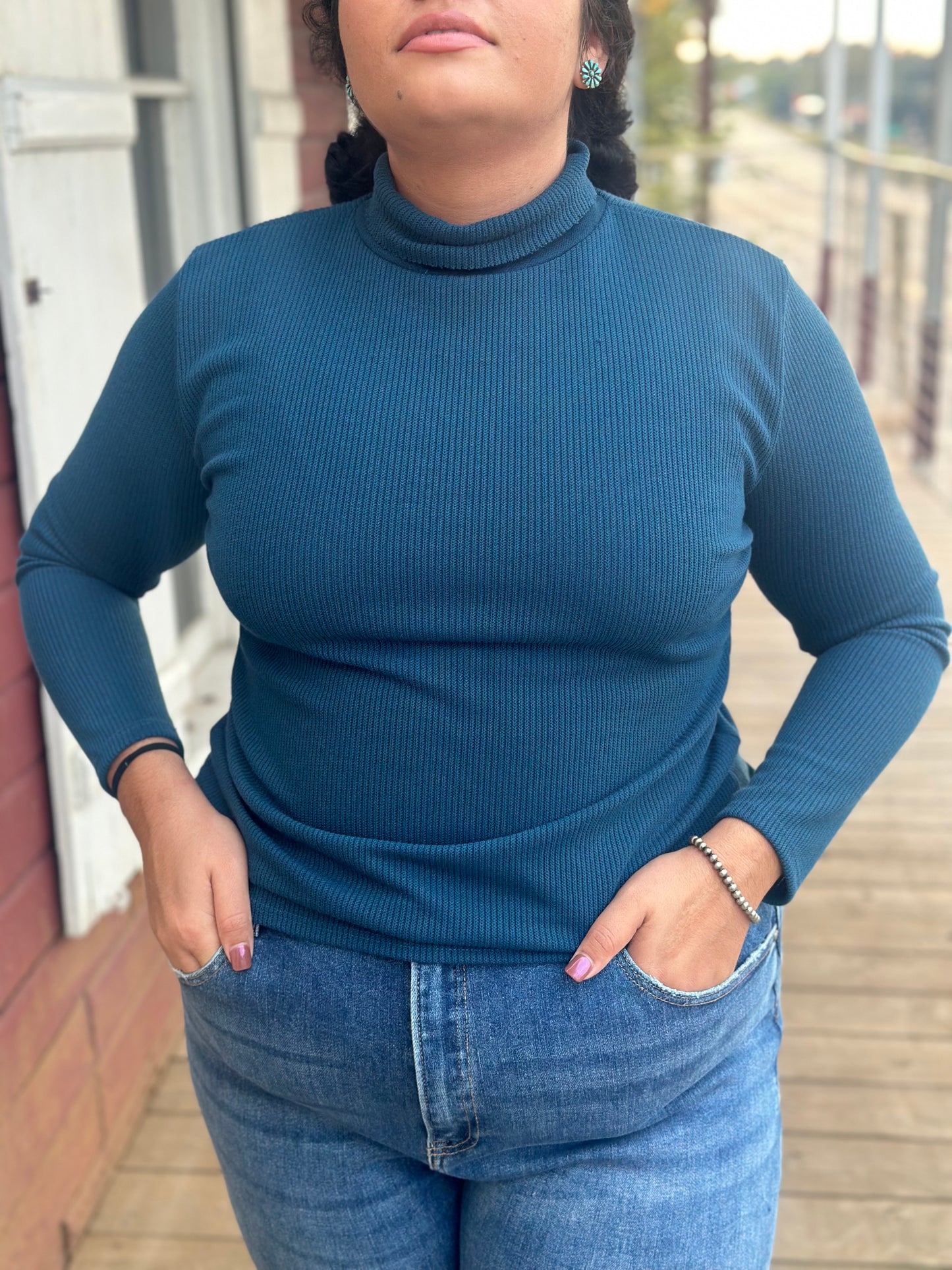 Teal Ribbed Turtle Neck Shirt (PLUS)