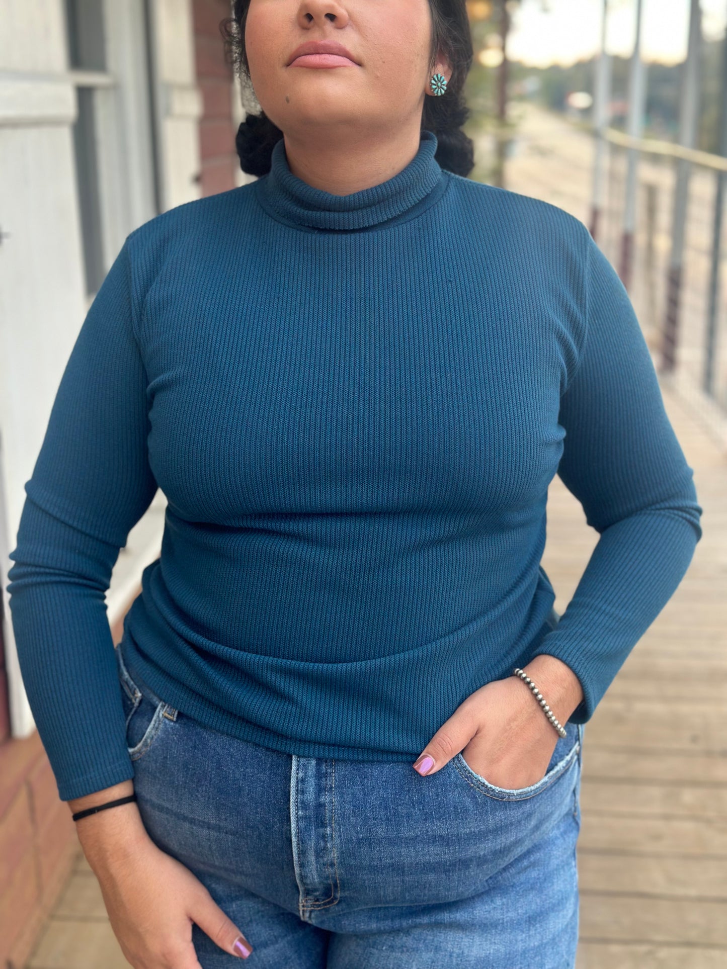 Teal Ribbed Turtle Neck Shirt (PLUS)