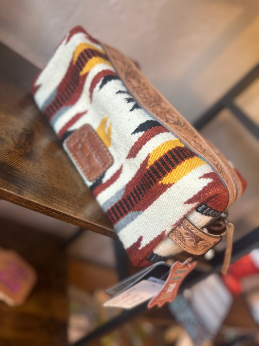 Maroon & Yellow Tooled Leather Makeup Bag