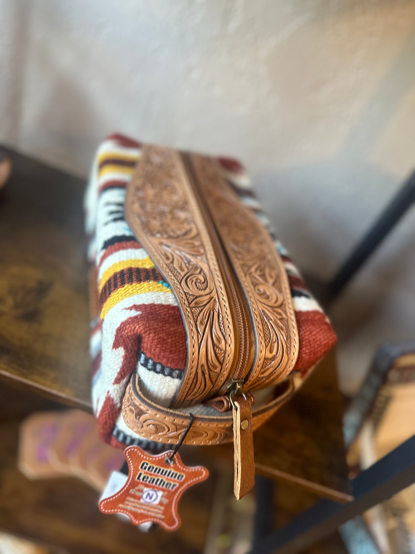 Maroon & Yellow Tooled Leather Makeup Bag