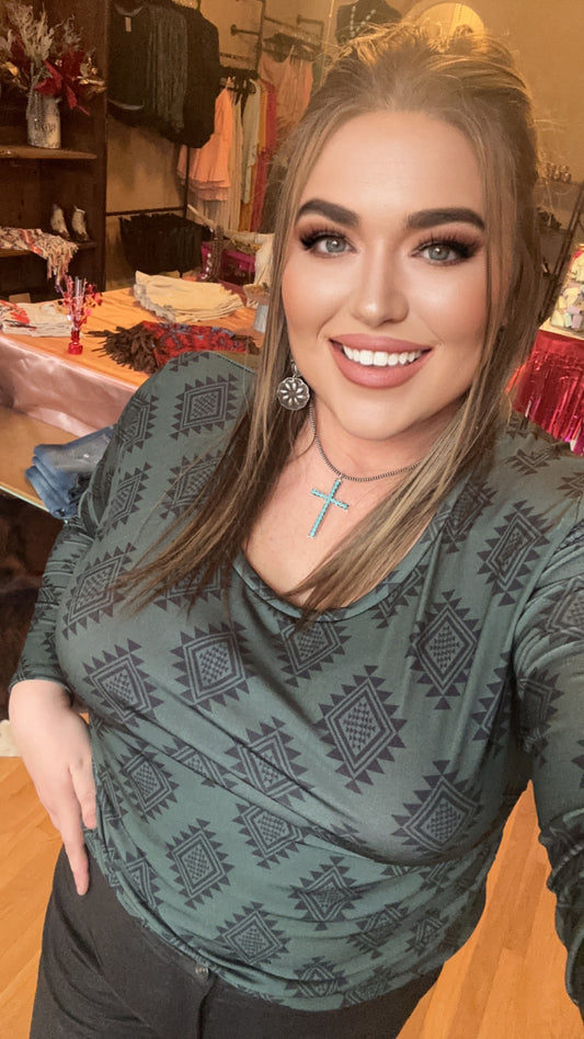 Olive Aztec Print Long Sleeve Shirt