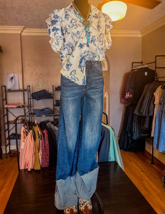 Saddle Up Blue Ruffle Blouse