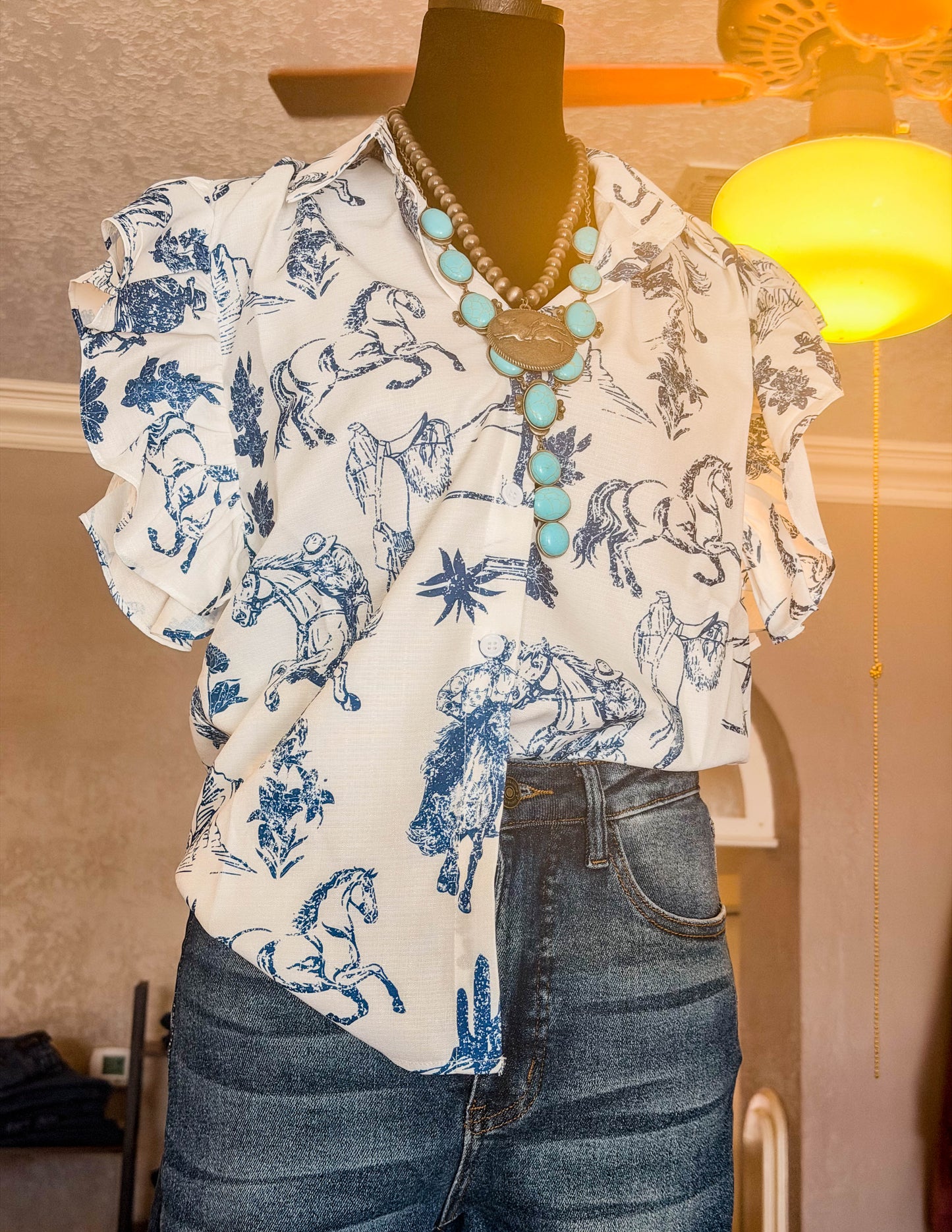 Saddle Up Blue Ruffle Blouse