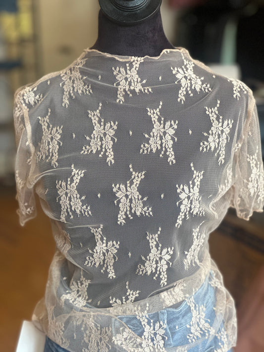 Beige Short Sleeve Lace Top