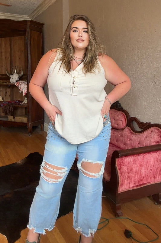 Rhinestone Crop Flare Jeans (PLUS)