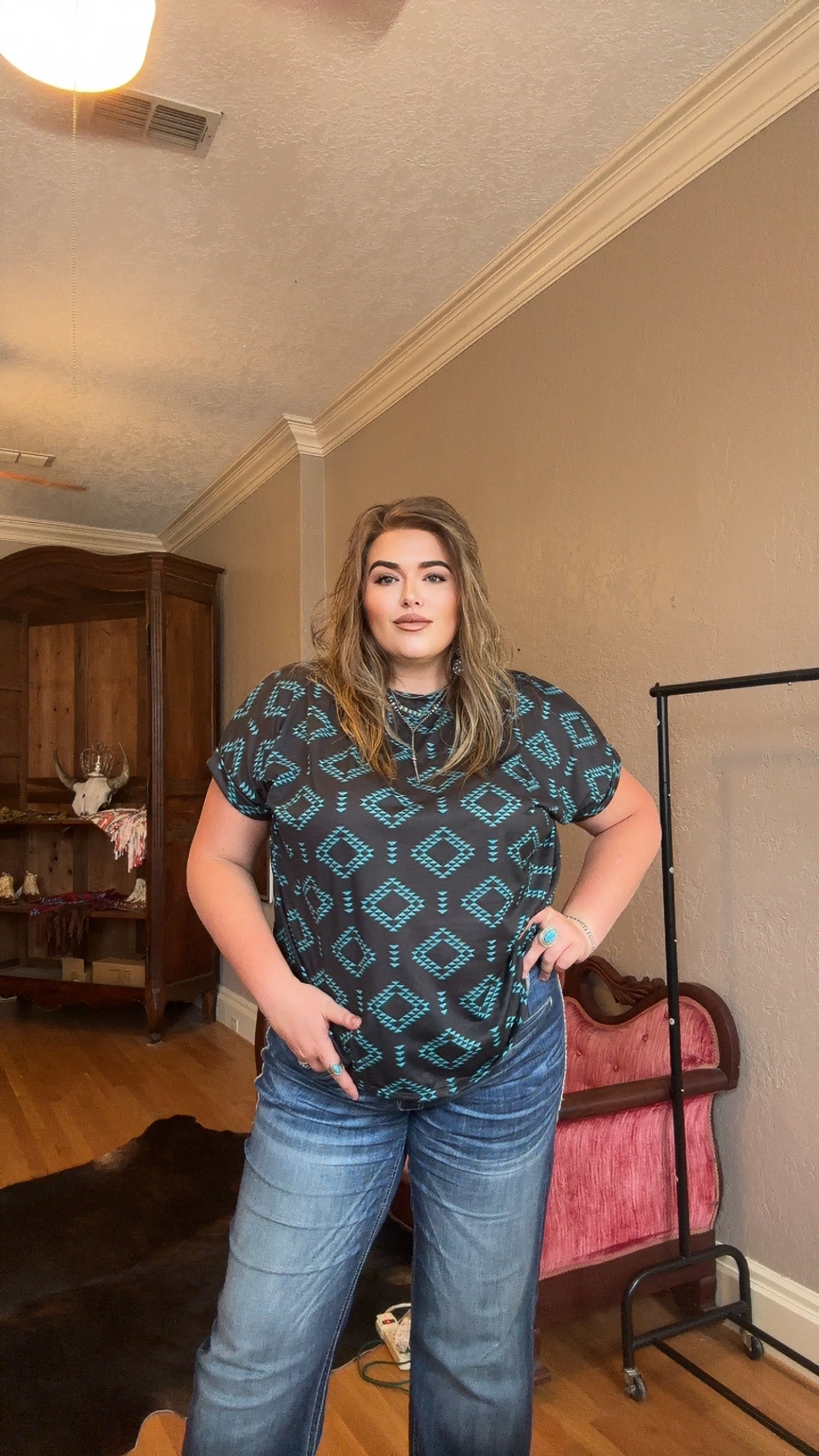 Turquoise Aztec Cuffed Top